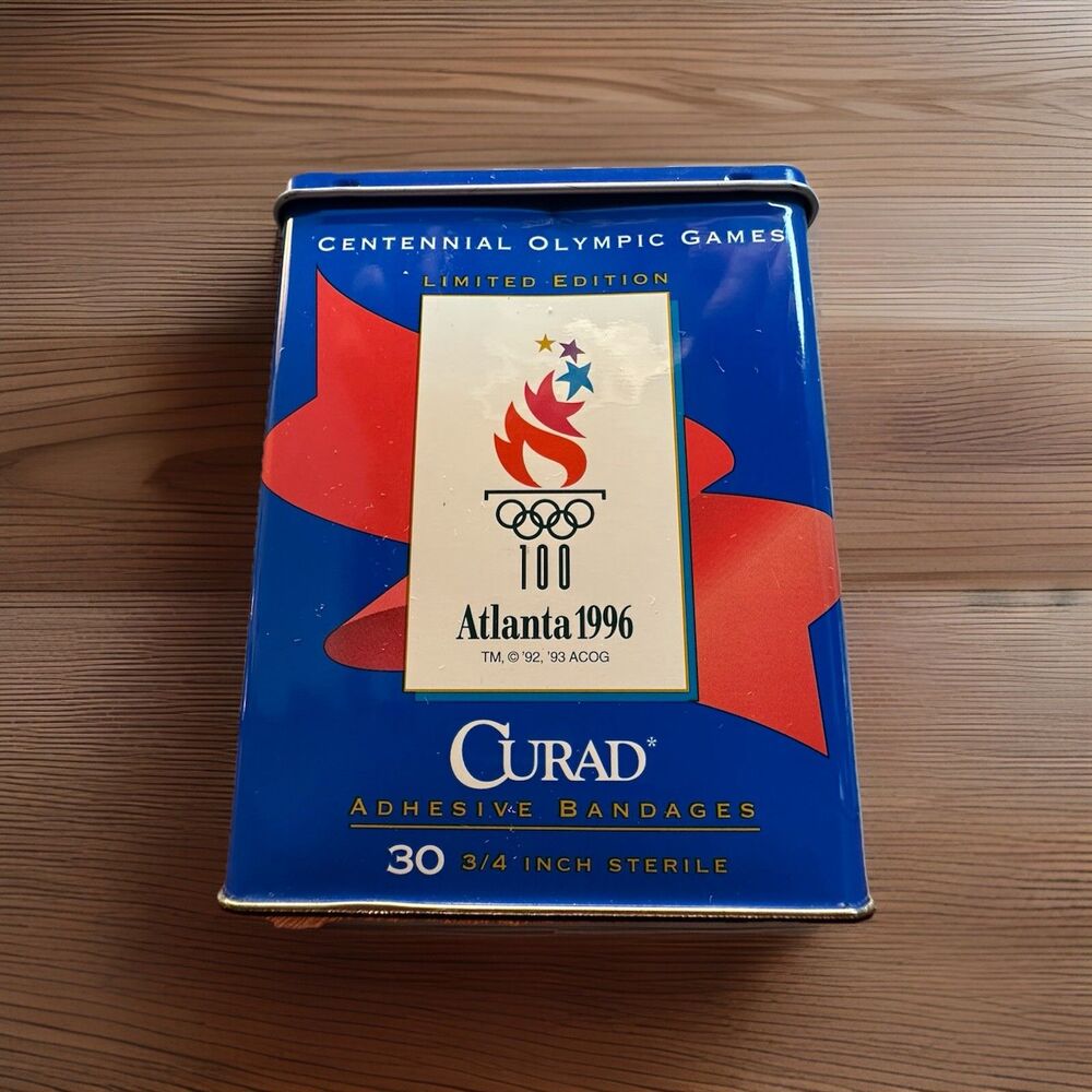 Vintage 1996 ATLANTA CENTENNIAL OLYMPIC GAMES CURAD BANDAGES EMPTY TIN